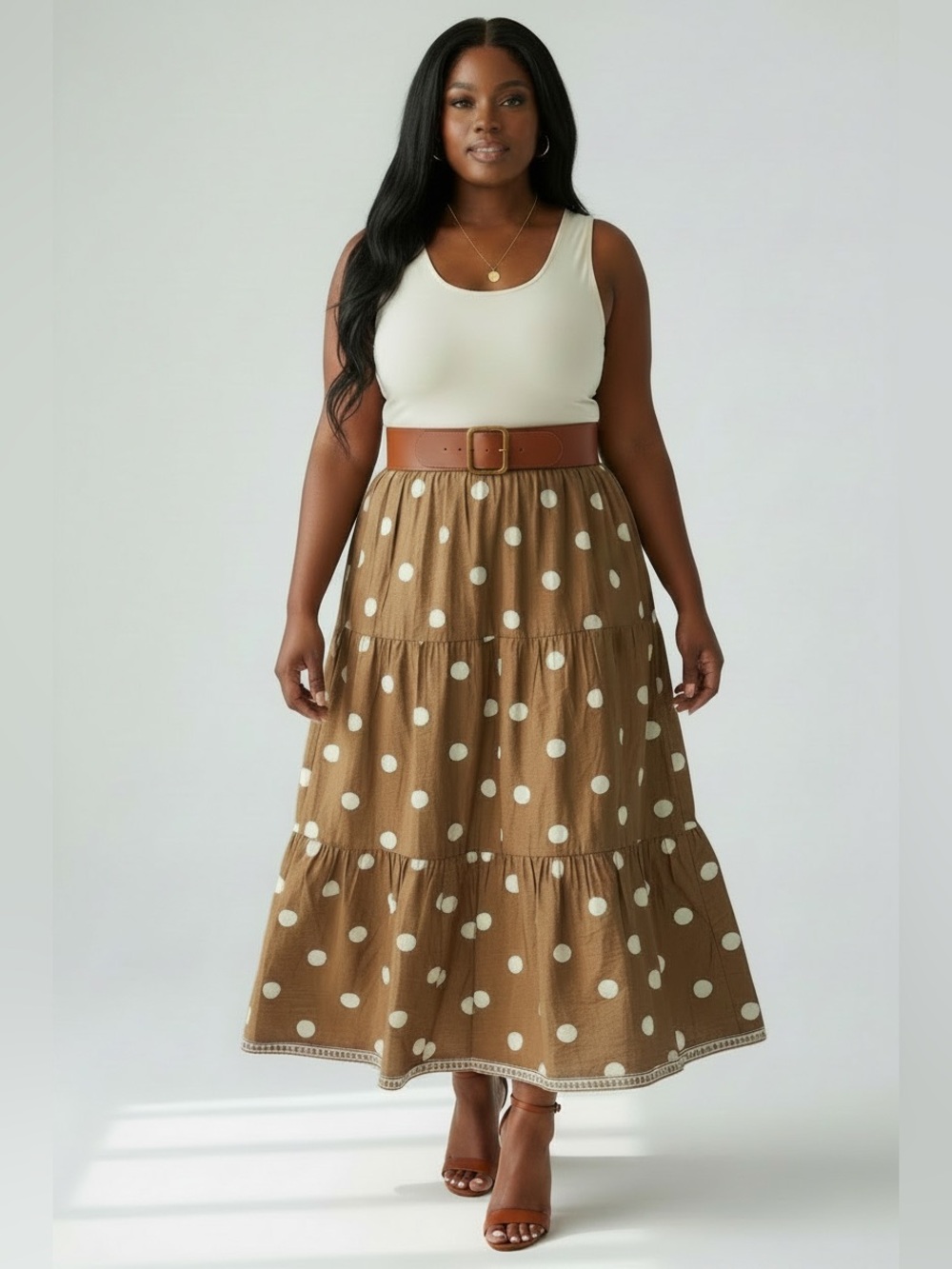 Polka Dot Tiered Maxi Skirt - Brown/White